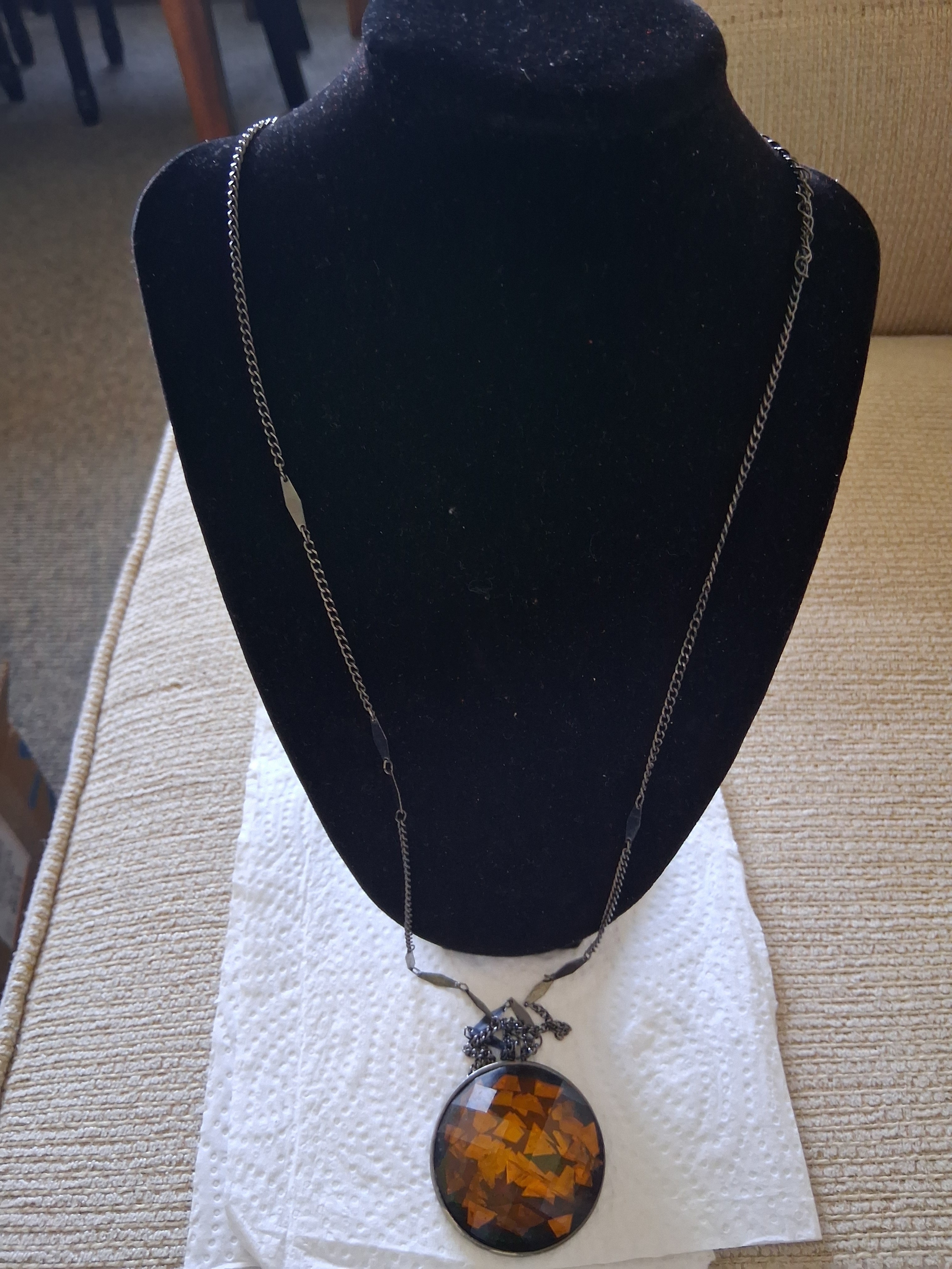 Amber Mosaic Pendant Necklace With Black Chain
